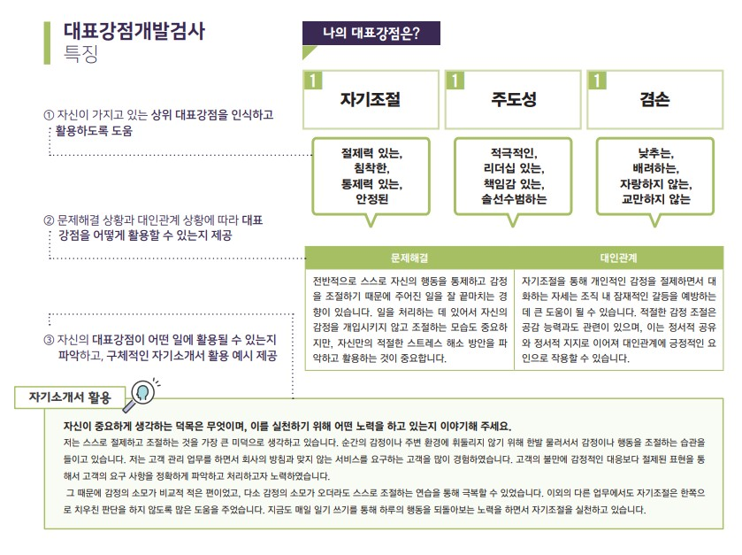 1. 자신이 가지고 있는 상위 대표강점을 인식하고 활용하도록 도움 2. 문제해결 상황과 대인관계 상황에 따라 대표강점을 어떻게 활용할 수 있는지 제공 3. 자신의 대표강점이 어떤 일에 활용될 수 있는지 파악하고, 구체적인 가지소개서 활용 예시 제공